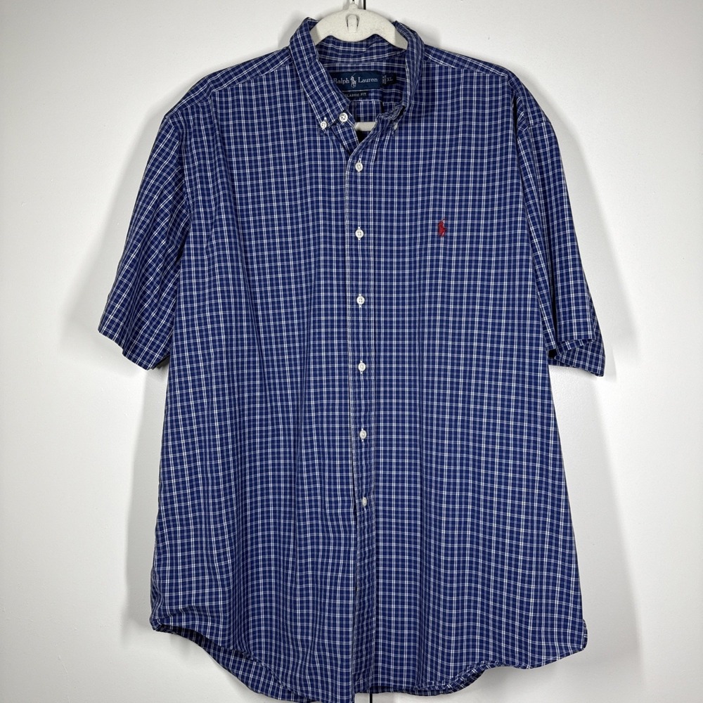 Polo Ralph Lauren Shirt Mens XL Blue Plaid Classic Fit Short Sleeve Red Pony